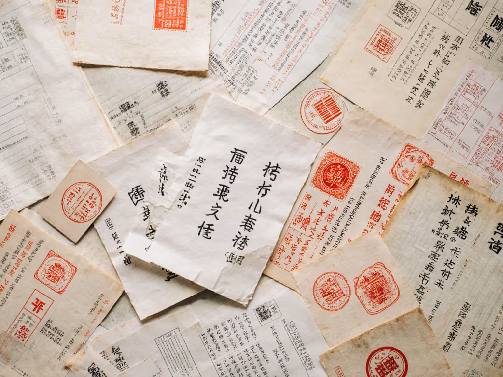 cjk_document_mixed_stack_with_receipts_stamps_and_business_cards